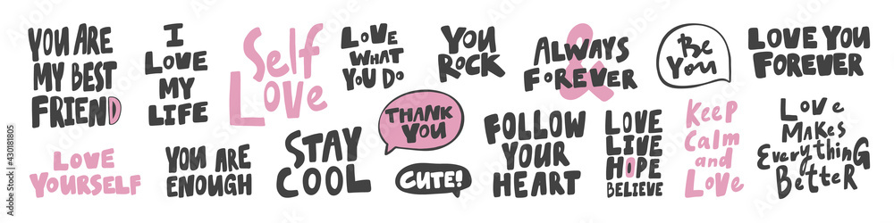 Vector hand drawn collection set of calligraphy lettering quotes and words. Pink and black color Vector hand drawn collection set of calligraphy lettering quotes and words. Pink and black color
