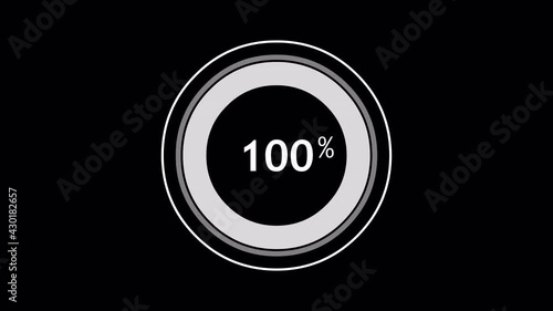 Circular percentage progress bar on transparent background. White loading circle ring animation. 0-100% - 25 fps - 4k - Alpha Channel