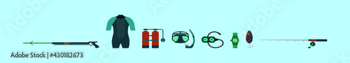 set of spearfishing cartoon icon design template with various models. vector illustration isolated on blue background