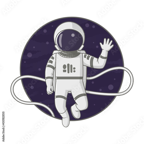 Astronaut floating on a tether in space waving. Cartoon illustration. Sign, poster, badge, sticker design. Vector.