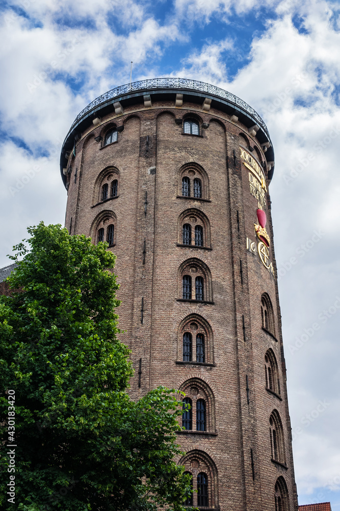 Rundetaarn (Round Tower, 1642) in central Copenhagen, Denmark. Round Tower - part of Trinitatis Complex, which includes Trinitatis Church, observatory tower and University Library.