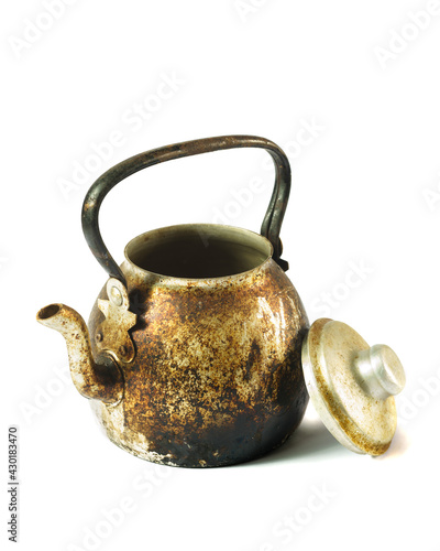 Old rustic kettle, with fire marks and dirt look
