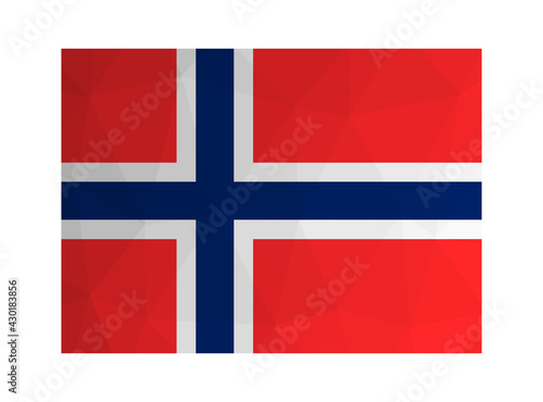 Vector isolated illustration. National Norwegian flag white and blue Scandinavian cross on red background. Official symbol of Norway. Creative design in low poly style with triangular shapes. 