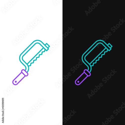 Line Hacksaw icon isolated on white and black background. Metal saw for wood and metal. Colorful outline concept. Vector