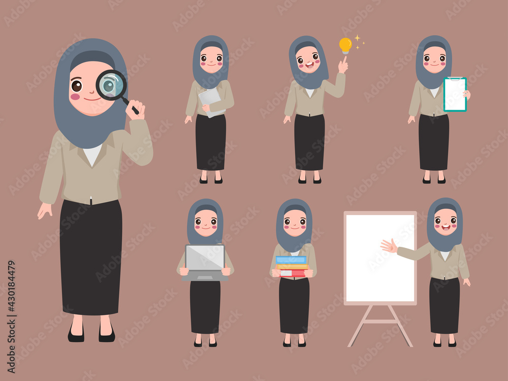Set of business arab muslim woman character with hijab. Set of business arab muslim woman character with hijab.