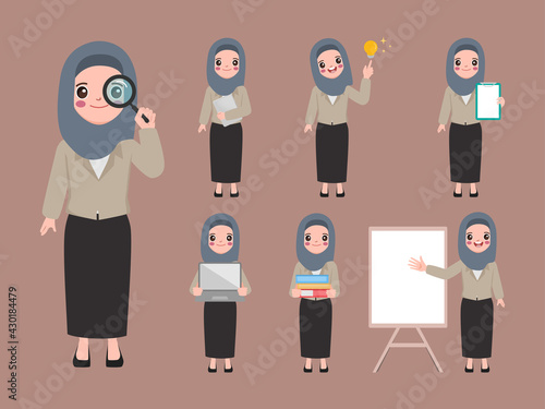Set of business arab muslim woman character with hijab. 