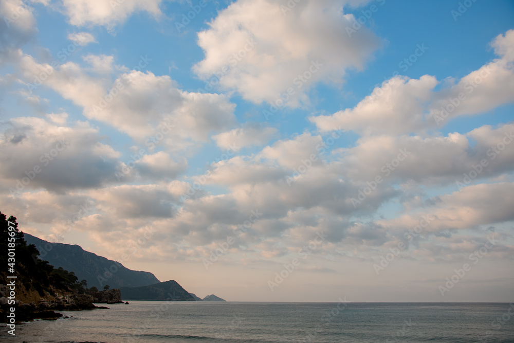 panoramic celestial landscape of blue sky with white clouds and sea water surface
