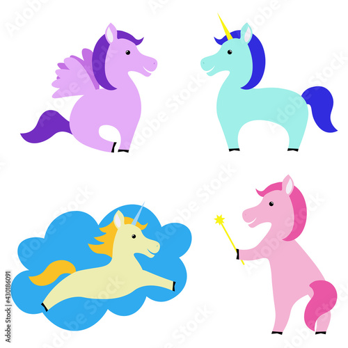 set of funny horses. Unicorn  pony  Pegas