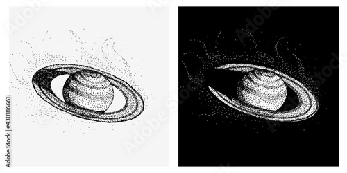 Saturn planet in dotwork style black and white illustration