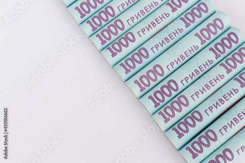 Ukrainian 1000 hryvnia. 1000 banknotes on a white. Money background.