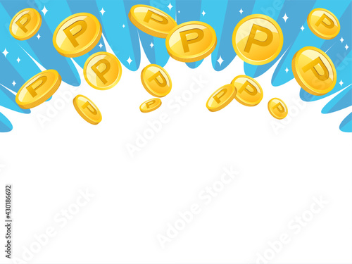 輝くコインのイラスト背景　ポイントコイン　青色の背景　4:3