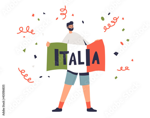 Man holding italian flag celebrate happy national day of italy holiday. Country day celebration