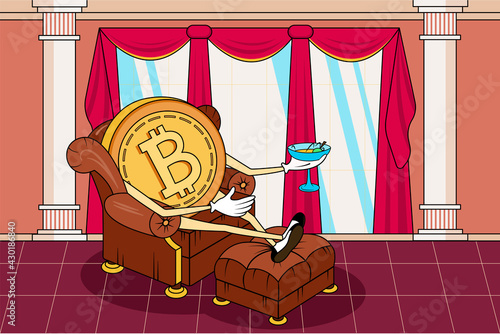 Vector cartoon successful bitcoin memes illustration. Doodle meme image of rich and rising bitcoin drinking martini in armchair amid luxury and wealth. Bitcoin climbs illustration for web posting.