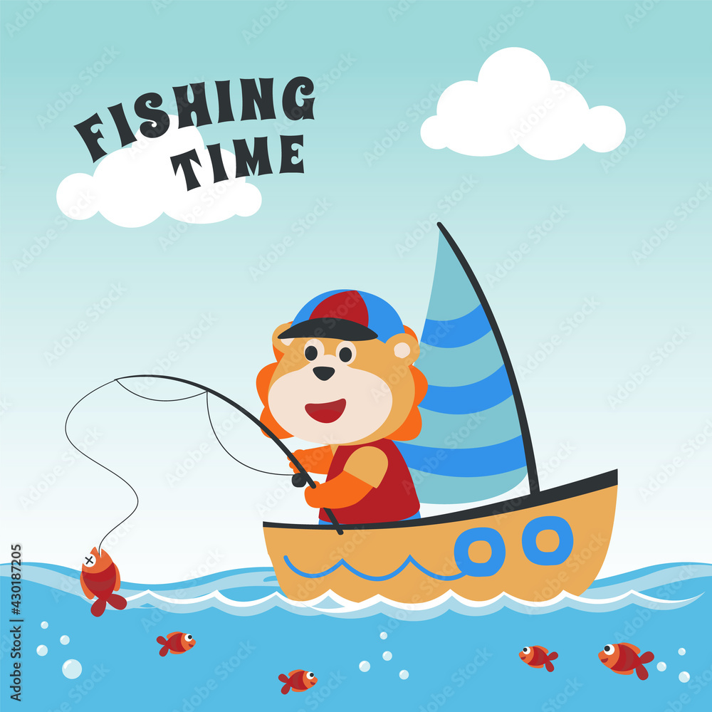 Obraz Vector cartoon illustration of cute lion fishing on sailboat with cartoon style. Can be used for t-shirt print, kids wear fashion design, fabric textile, nursery wallpaper and poster.