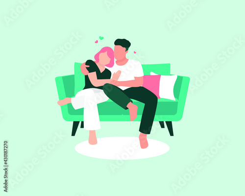 Happy couple sitting and hugging on the couch sofa. Healthy relationship, Romantic man and women sitting next to each other, Flat icon vector concept 