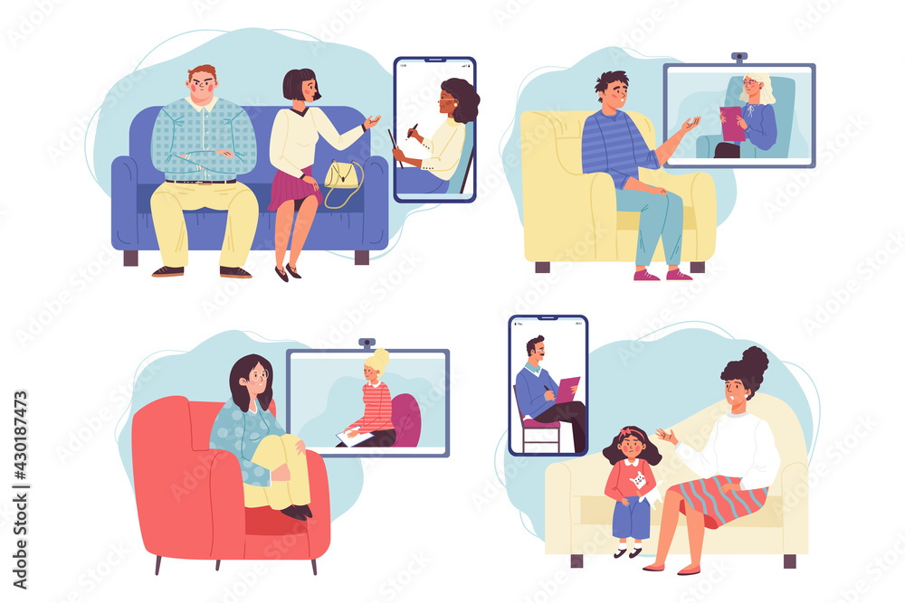 People on psychologists consultation, flat vector illustration isolated. People on psychologists consultation, flat vector illustration isolated.