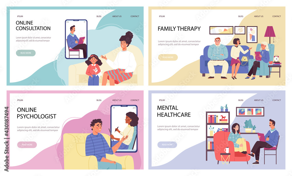 Set of websites for psychotherapist consultations flat vector illustration. Set of websites for psychotherapist consultations flat vector illustration.