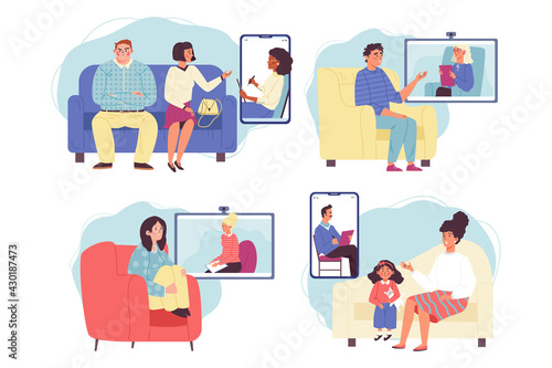 People on psychologists consultation  flat vector illustration isolated.
