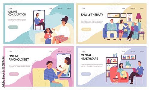Set of websites for psychotherapist consultations flat vector illustration.