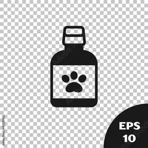 Black Dog medicine bottle icon isolated on transparent background. Container with pills. Prescription medicine for animal. Vector
