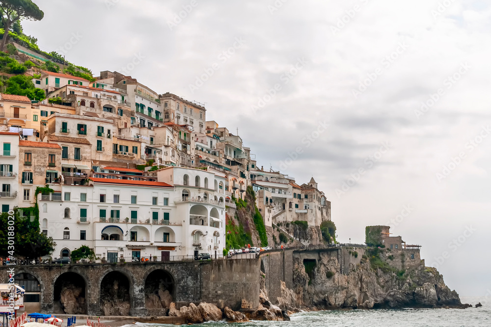 Beautiful view of Amalfi and the Amalfi Coast from the sea, Campania, Italy