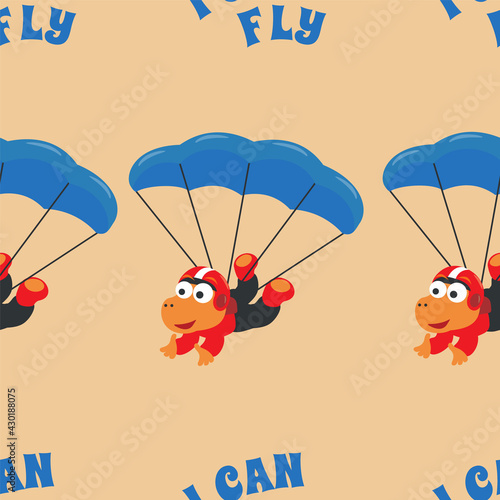 Fototapeta Naklejka Na Ścianę i Meble -  Seamless pattern with skydiving with litlle dinosaur, Childish design concept for kids textile print, nursery wallpaper, wrapping paper. Cute funny background.