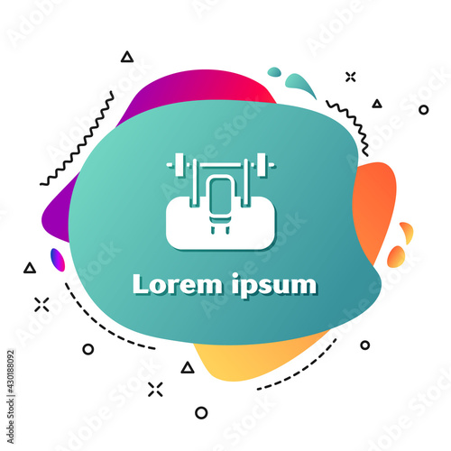 White Bench with barbel icon isolated on white background. Gym equipment. Bodybuilding, powerlifting, fitness concept. Abstract banner with liquid shapes. Vector