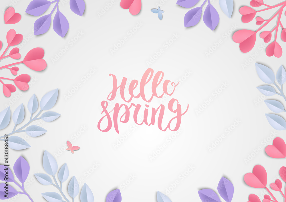 Paper art, Spring flowers on a white background with leaves cut of paper. Paper art, Spring flowers on a white background with leaves cut of paper.