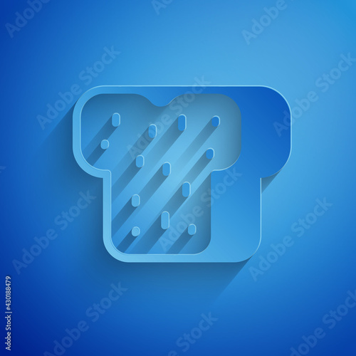 Paper cut Bread toast for sandwich piece of roasted crouton icon isolated on blue background. Lunch, dinner, breakfast snack. Paper art style. Vector
