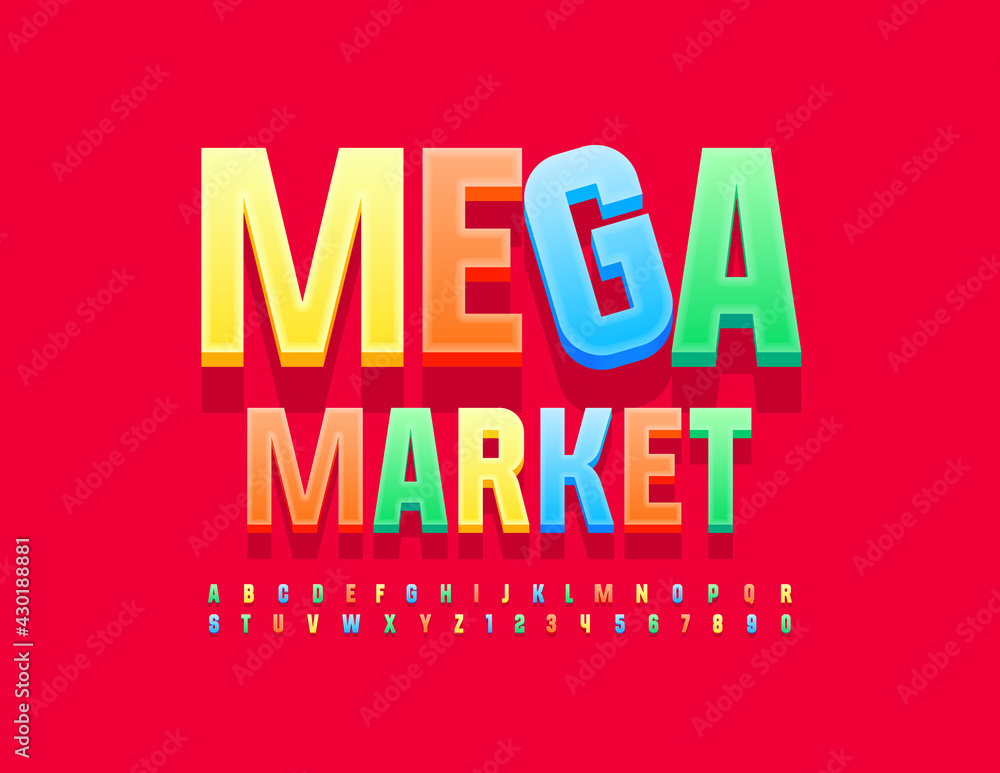 Fototapeta premium Vector Colorful Sign Mega Market. Modern Bright 3D Font. Artistic Alphabet Letters and Numbers