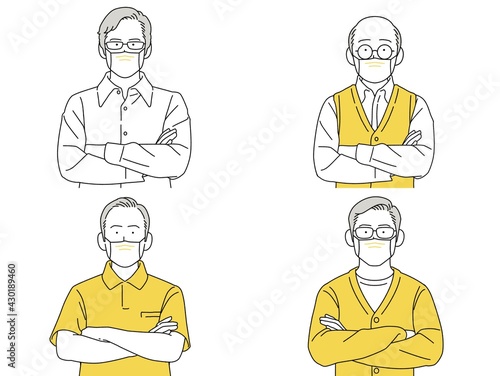 人物イラスト 男性 セット 正面 腕組み シニア マスク Stock Illustration Adobe Stock