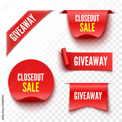 Set of red sale banners on transparent background. Ribbons, tags and stickers. Vector illustration.