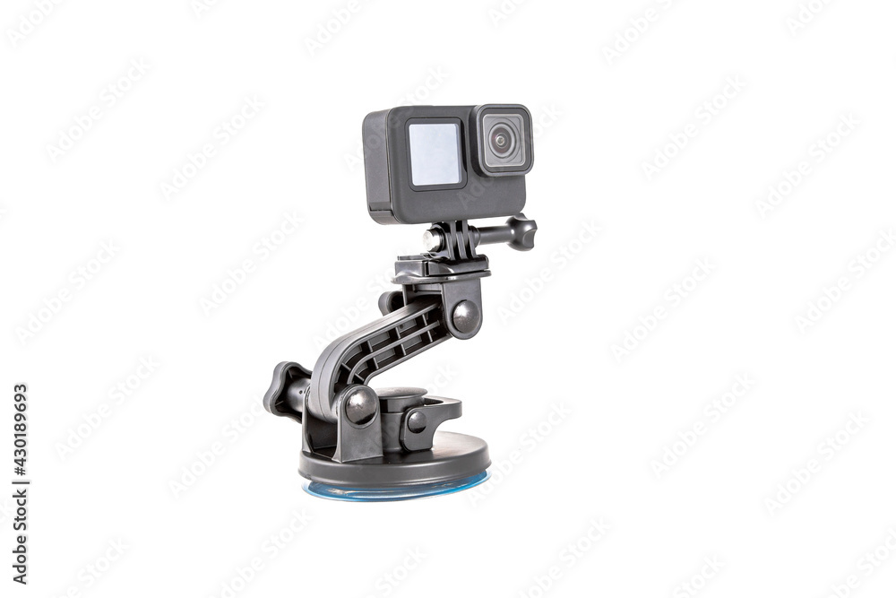 new action camera black color on mount tripod. isolated on white background.. new action camera black color on mount tripod. isolated on white background..