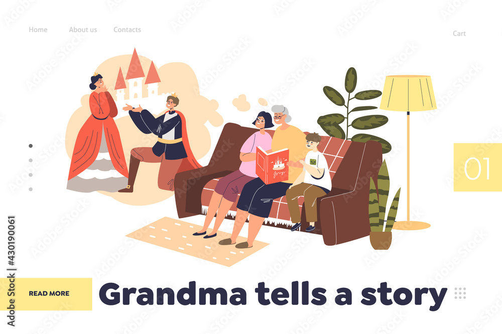 Fototapeta premium Grandma tell story concept of landing page with grandmother reading book to small boy and girl