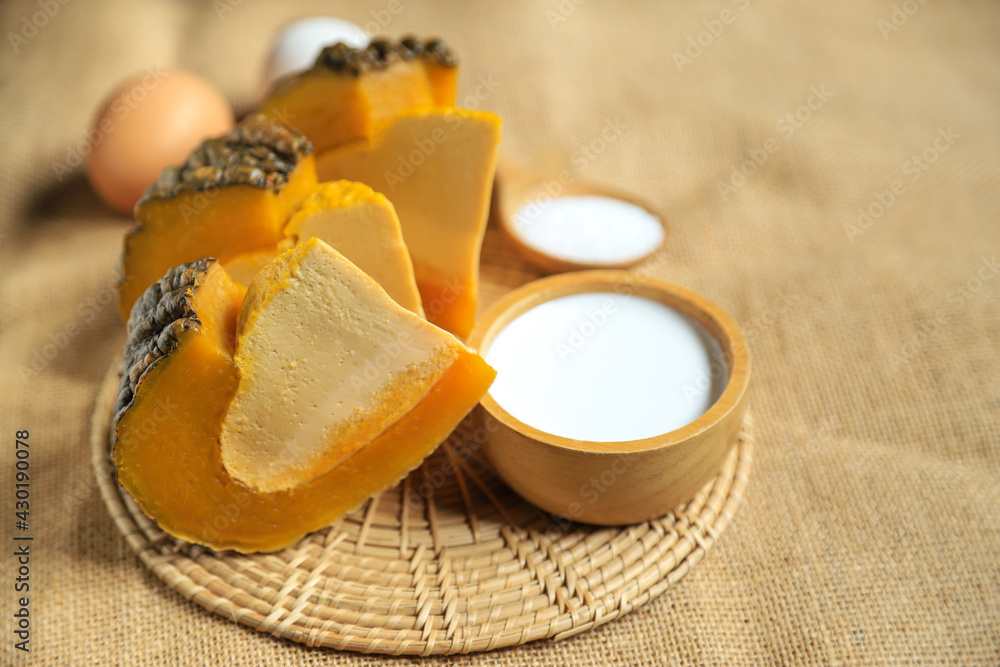 Stream pumpkin custard with coconuy milk and eggs on sack for eating in freetime Stream pumpkin custard with coconuy milk and eggs on sack for eating in freetime