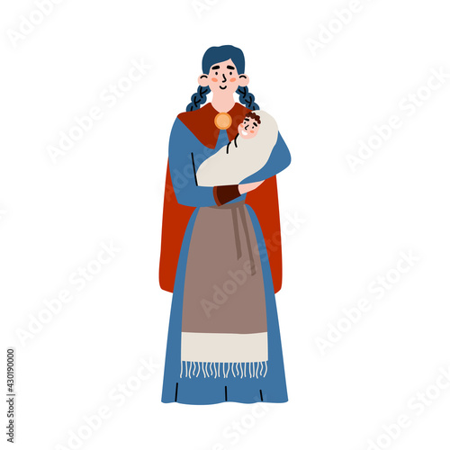 Medieval peasant woman in european costume, flat vector illustration isolated.