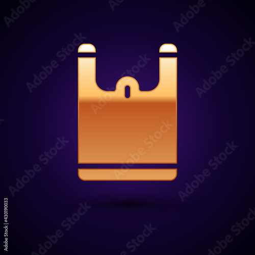 Gold Plastic bag icon isolated on black background. Disposable cellophane and polythene package prohibition sign. Vector