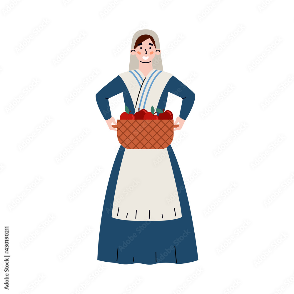Peasant woman of middle ages period, flat vector illustration isolated.