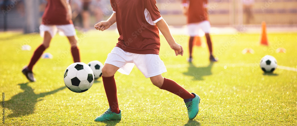 Fototapeta premium Group of children soccer player on practice. Kids kicking and juggling balls on training