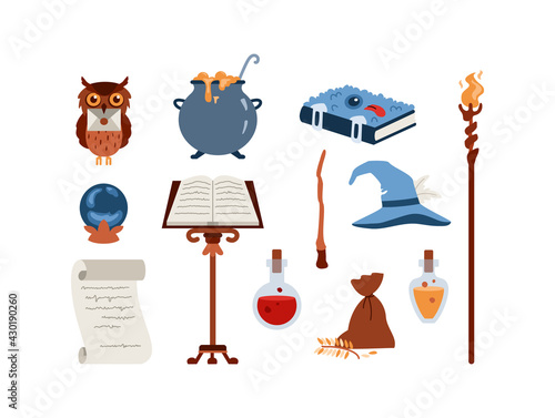 Magic and witchcraft related symbols set of flat vector illustrations isolated.