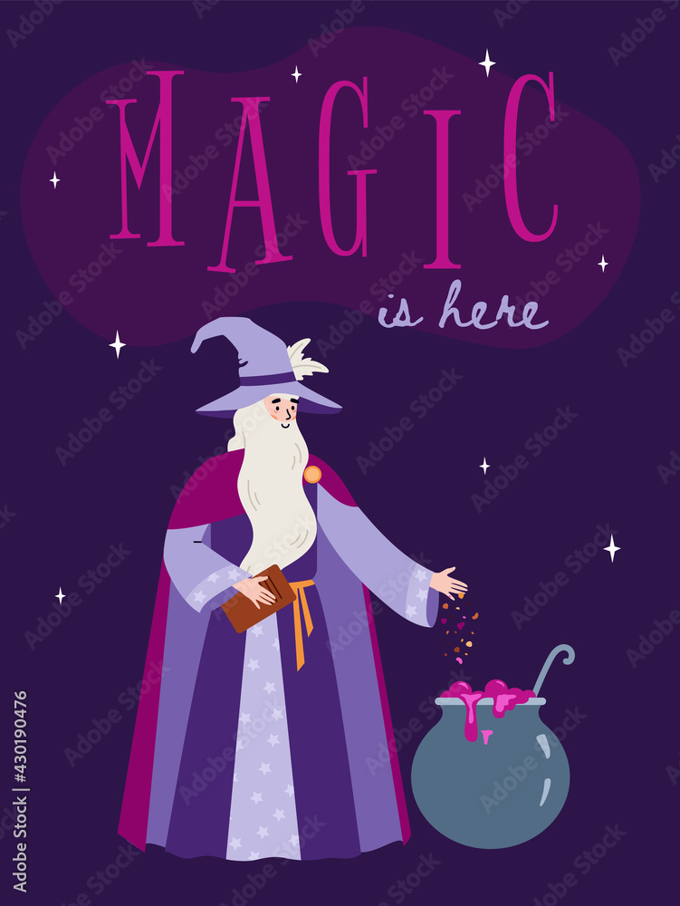 Card with fairy tale wizard brewing magic potion, flat vector illustration.