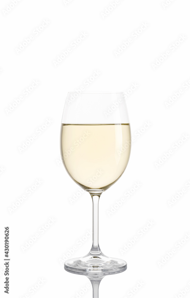 Glass of white wine on white background