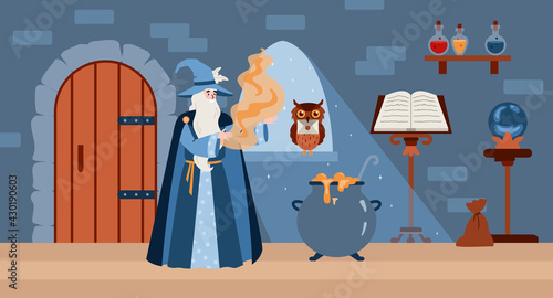 Medieval castle hall with magician making witchcraft, flat vector illustration.