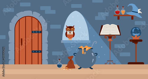 Mystery interior room, magic laboratory wizard or witch a vector illustration.
