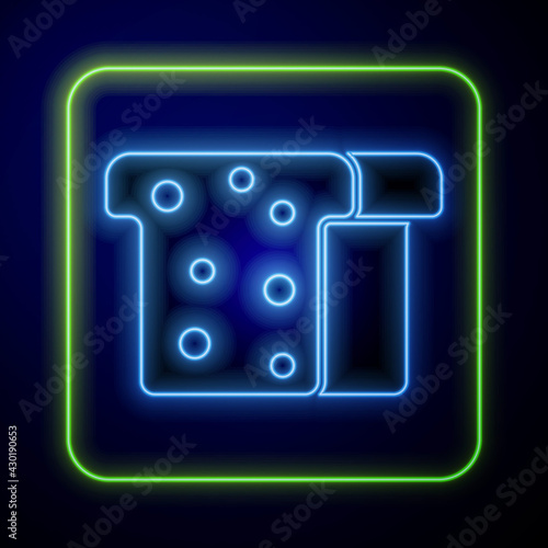 Glowing neon Bread toast for sandwich piece of roasted crouton icon isolated on blue background. Lunch, dinner, breakfast snack. Vector