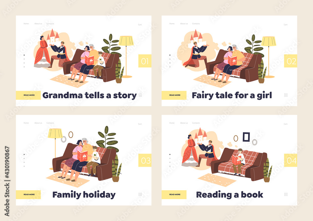 Fototapeta premium Reading fairy tales concept of set of landing pages with grandmother reading stories to kids