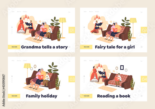 Reading fairy tales concept of set of landing pages with grandmother reading stories to kids