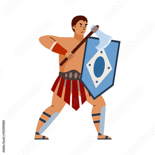 Greek or roman gladiator or legionary with axe flat vector illustration isolated.