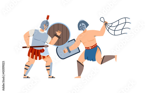 Fight of armed ancient roman legionary or gladiators retiariuses. photo