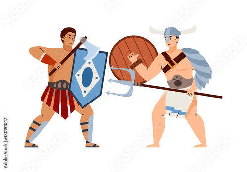 Greek or Roman gladiators or legionaries, flat vector illustration isolated.